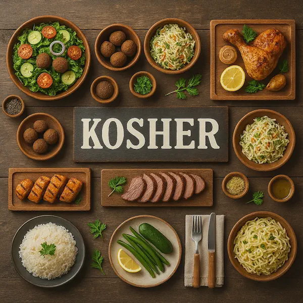 Top-down view of a rustic wooden table featuring a variety of kosher dishes surrounding a central sign labeled 'KOSHER'. Includes falafel, roasted chicken, brisket, salads, rice, and vegetables, all arranged in wooden bowls and plates.