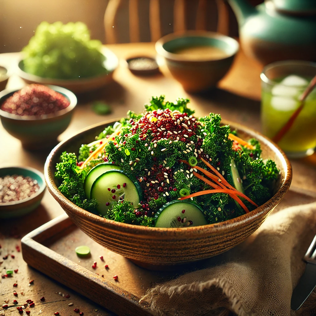 Kale and Red Quinoa Salad with Sesame Dressing in a rustic ceramic bowl, featuring chopped kale, fluffy red quinoa, shredded carrots, cucumbers, and red bell peppers. Drizzled with sesame dressing and garnished with sesame seeds and green onions, set on a wooden table with extra dressing and a glass of iced green tea in the softly blurred background.