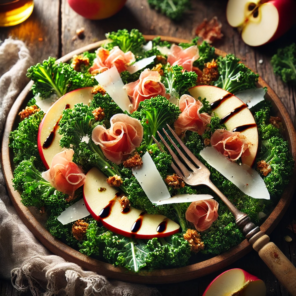A plate of kale, apple, and pecorino salad with crispy prosciutto and balsamic drizzle on a rustic wooden table. The salad features fresh kale leaves, thinly sliced apples, shaved pecorino cheese, and crispy prosciutto, with a balsamic drizzle. A serving fork lifts a portion to showcase the fresh ingredients. A cozy napkin and wooden plate enhance the warm, inviting atmosphere.