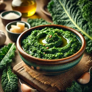A vibrant, freshly made Kale Pesto served in a rustic ceramic bowl. The pesto has a rich, deep green color and a slightly textured consistency, garnished with a drizzle of olive oil and a sprinkle of crushed nuts. The bowl sits on a rustic wooden table, accompanied by fresh kale leaves, a small dish of parmesan cheese, garlic cloves, and a lemon wedge. Warm, natural lighting enhances the fresh and inviting presentation.