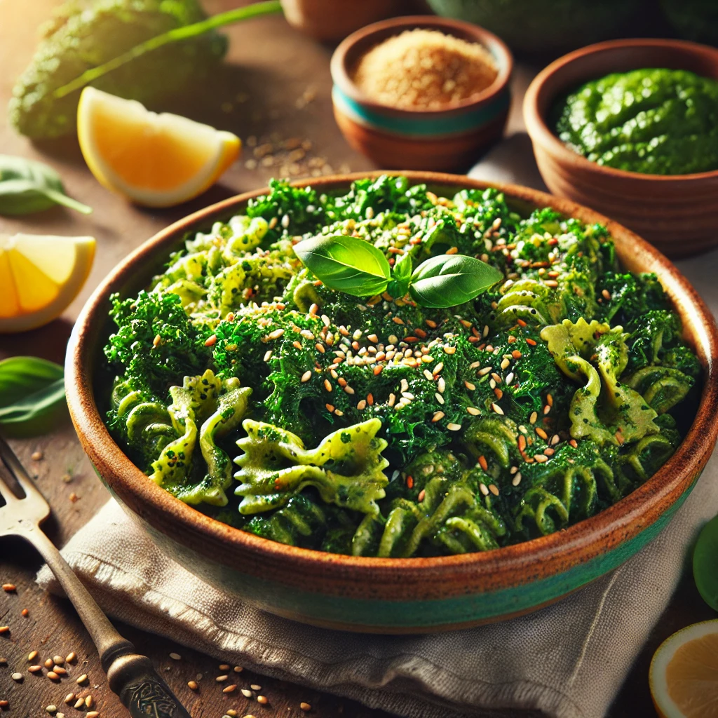 A bowl of Kale Pesto Pasta topped with toasted sesame seeds and nutritional yeast, garnished with fresh basil leaves and a lemon wedge, served on a rustic wooden table with a bowl of pesto nearby.