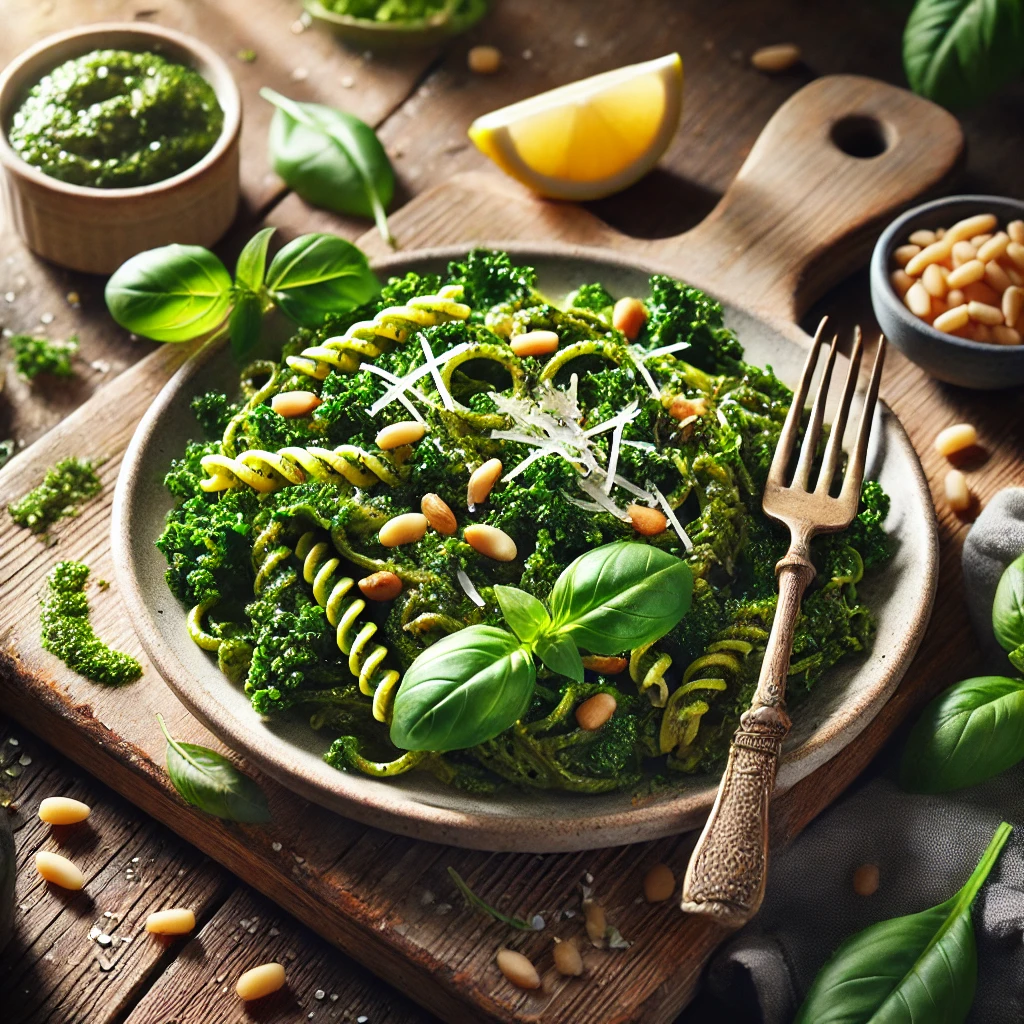 A vibrant plate of kale pesto pasta on a rustic wooden table, garnished with toasted pine nuts, fresh basil, and grated Parmesan. A fork is twirled with pasta, with a small bowl of extra pesto and a lemon wedge nearby. Natural sunlight enhances the dish’s fresh, inviting look.