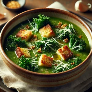 A beautifully plated bowl of kale soup with garlic croutons, featuring a vibrant green broth with a smooth yet hearty texture. The bowl rests on a wooden table with a linen napkin, with soft, natural lighting highlighting the fresh and nourishing presentation.