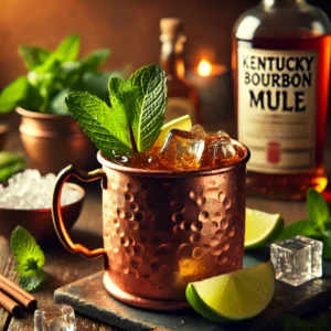 A Kentucky Bourbon Mule cocktail in a copper mug, filled with ice, garnished with a lime wedge and a sprig of mint. The drink sits on a rustic wooden table with scattered mint leaves, crushed ice, and a bourbon bottle in the background. Warm lighting enhances the inviting atmosphere.