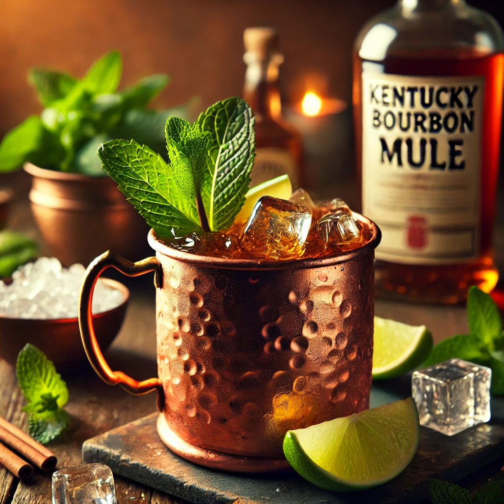 A Kentucky Bourbon Mule cocktail in a copper mug, filled with ice, garnished with a lime wedge and a sprig of mint. The drink sits on a rustic wooden table with scattered mint leaves, crushed ice, and a bourbon bottle in the background. Warm lighting enhances the inviting atmosphere.