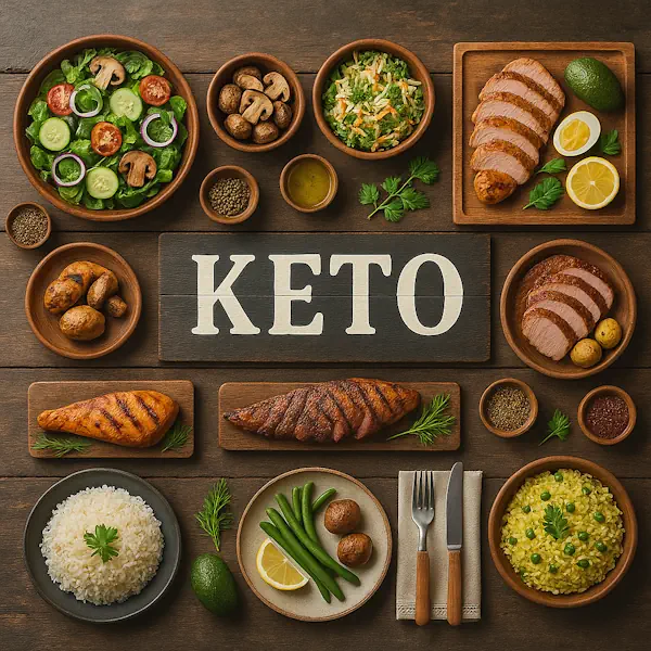 "Top-down view of a rustic table filled with keto-friendly dishes, centered around a wooden sign that says 'KETO'. Includes grilled meats, fresh vegetables, salads, and low-carb sides arranged in wooden bowls and plates."