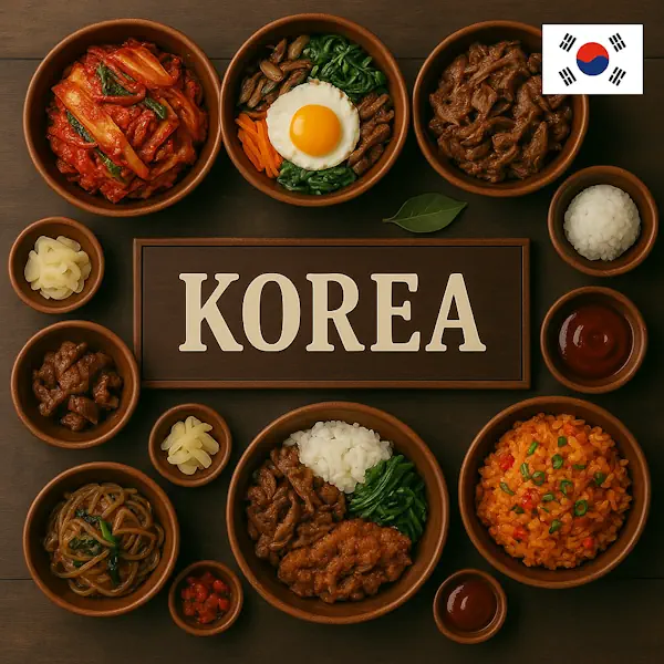 Traditional Korean food flat lay with kimchi, bibimbap, bulgogi, japchae noodles, and kimchi fried rice in rustic wooden bowls, centered around KOREA sign with the South Korean flag.