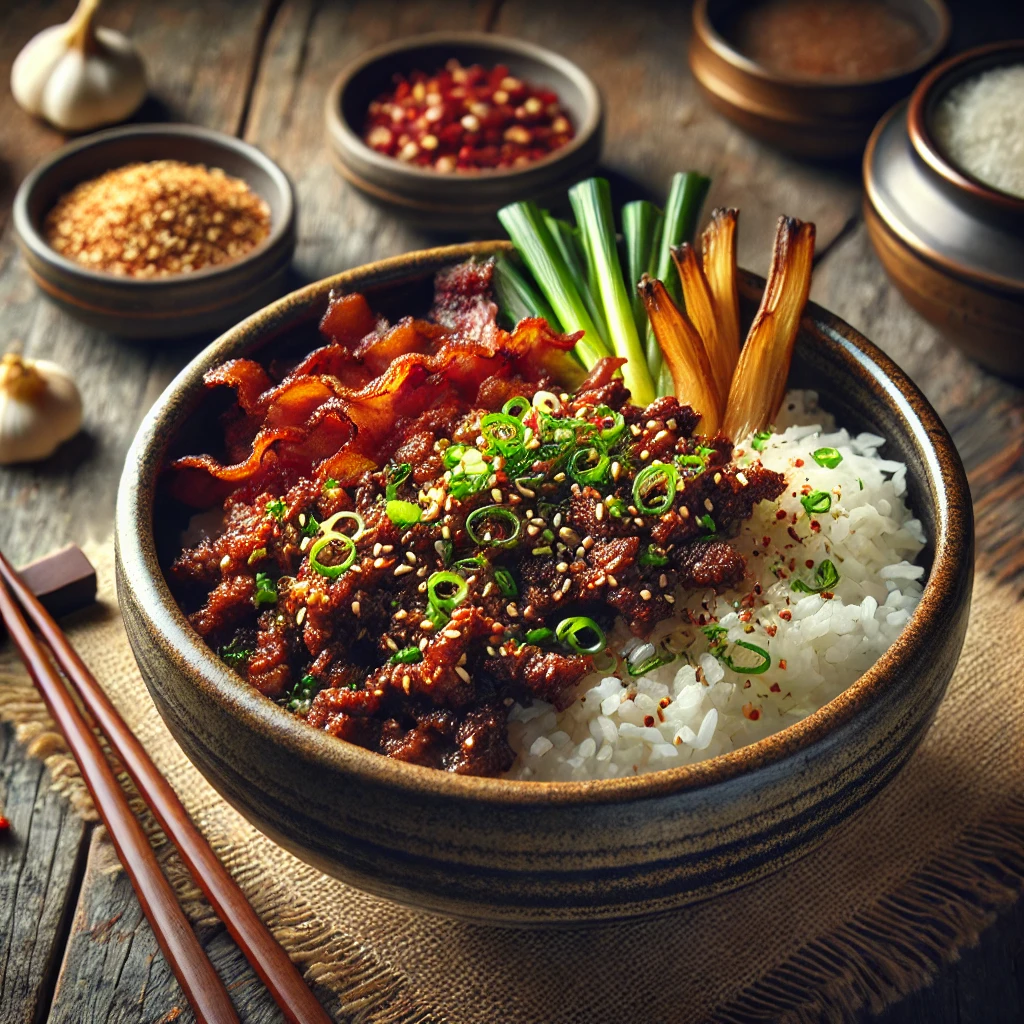 A flavorful Korean Beef Bowl served in a rustic bowl, featuring ground chuck cooked with crispy bacon, chopped leeks, garlic, daenjang, and kochukaru, over a bed of steaming white rice. Garnished with fresh herbs, the dish is presented on a wooden table with small bowls of chili flakes and soybean paste, accompanied by chopsticks and warm, natural lighting to enhance the inviting atmosphere.