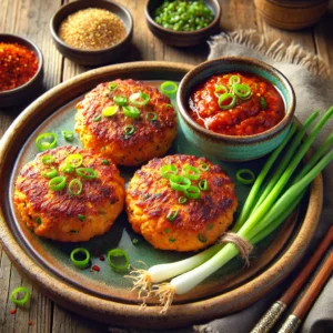 Golden-brown salmon patties garnished with fresh green onions, served on a rustic ceramic plate with a side of a rich gochugaru-spiced dipping sauce, all arranged on a wooden table with soft natural lighting to emphasize the bold and appetizing appeal of the dish.