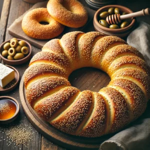 A freshly baked Koulouri on a rustic wooden table, featuring a golden-brown, crispy crust generously coated with sesame seeds. Some rings are stacked, while others are placed individually to showcase their round shape. A few are torn open to reveal the soft, airy interior. The bread rests on a wooden cutting board, accompanied by a small dish of olives, feta cheese, and a bowl of honey. Soft natural lighting enhances the warm, inviting tones.
