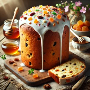 A freshly baked Kulich on a rustic wooden table, featuring a tall, cylindrical shape with a golden-brown crust. The top is coated with glossy white sugar glaze and decorated with colorful sprinkles. A few slices are cut to reveal the soft, slightly sweet interior, studded with dried fruits and nuts. The bread rests on a wooden cutting board, with a small dish of honey, dried fruit pieces, and a sprig of fresh flowers nearby. Soft natural lighting enhances the festive, warm tones.