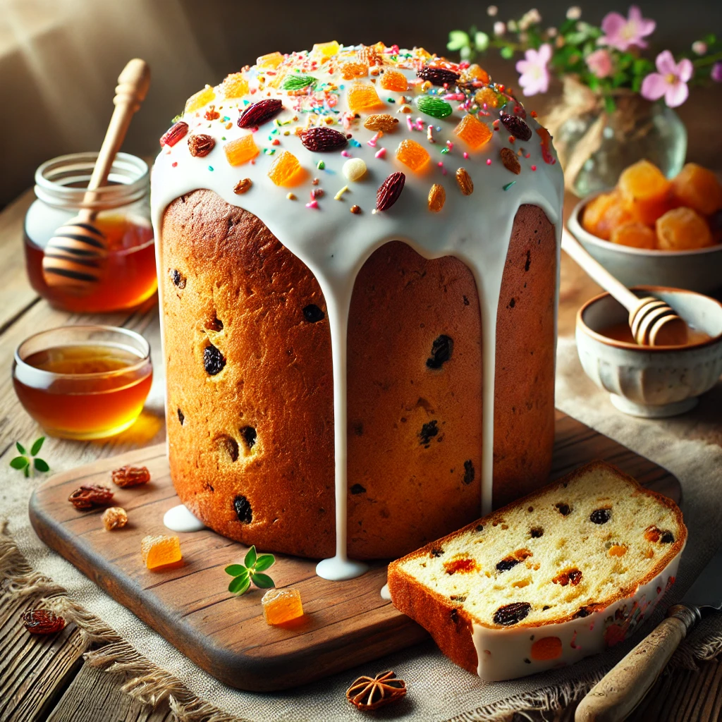 A freshly baked Kulich on a rustic wooden table, featuring a tall, cylindrical shape with a golden-brown crust. The top is coated with glossy white sugar glaze and decorated with colorful sprinkles. A few slices are cut to reveal the soft, slightly sweet interior, studded with dried fruits and nuts. The bread rests on a wooden cutting board, with a small dish of honey, dried fruit pieces, and a sprig of fresh flowers nearby. Soft natural lighting enhances the festive, warm tones.