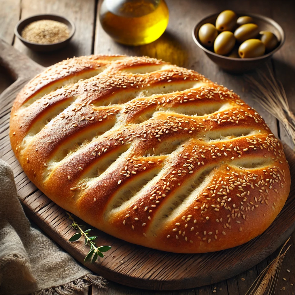 A freshly baked Laganes bread on a rustic wooden table, featuring an oblong shape with a golden-brown, slightly crisp crust topped with sesame seeds. The surface has dimples, characteristic of this traditional Greek flatbread. A few pieces are cut to reveal the soft, airy interior. The bread rests on a wooden cutting board, accompanied by a small dish of olives, olive oil, and fresh herbs. Soft natural lighting enhances the warm, Mediterranean tones.