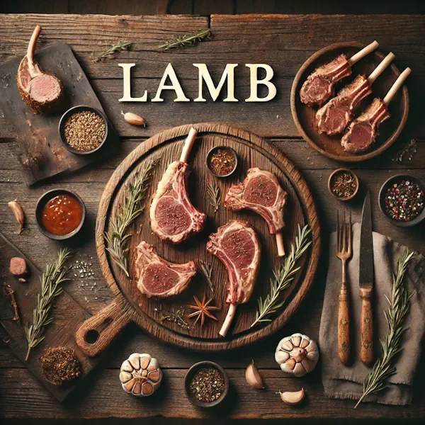 A rustic flat lay of lamb on a medium-dark wooden table with horizontal planks. The scene includes roasted lamb, lamb chops, and lamb shank portions, arranged neatly on a wooden board with garnishes like garlic, rosemary, and herbs. At the top, the word 'LAMB' is written in large cream-colored serif letters, centered and clearly visible.