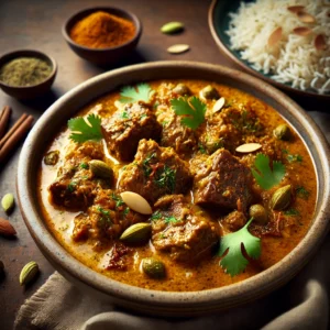 A beautifully plated dish of Lamb Stewed in Coconut Milk, featuring tender, slow-cooked lamb pieces in a rich, creamy coconut milk sauce infused with aromatic spices. The dish has a golden-brown hue with hints of turmeric, cardamom, and cinnamon. Garnished with fresh coriander and slivered almonds, it is served in a rustic ceramic bowl. Accompanied by a side of fragrant basmati rice and warm naan, the bowl rests on a wooden table, with soft, warm lighting enhancing the inviting and flavorful presentation.
