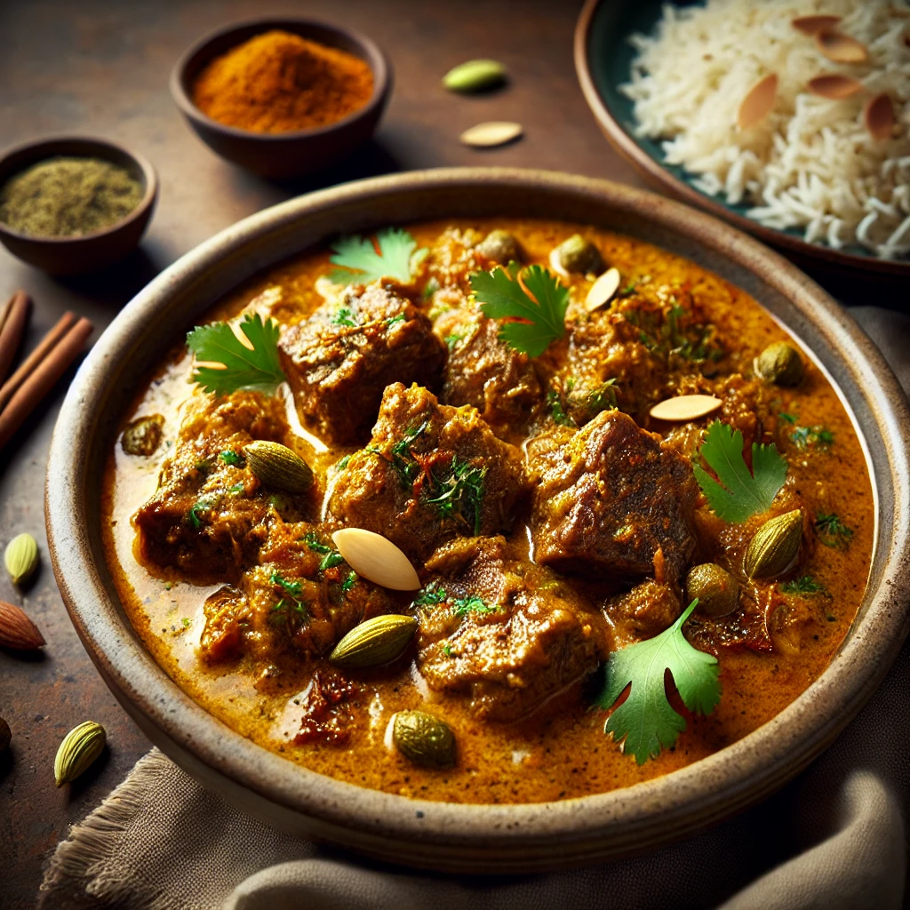 A beautifully plated dish of Lamb Stewed in Coconut Milk, featuring tender, slow-cooked lamb pieces in a rich, creamy coconut milk sauce infused with aromatic spices. The dish has a golden-brown hue with hints of turmeric, cardamom, and cinnamon. Garnished with fresh coriander and slivered almonds, it is served in a rustic ceramic bowl. Accompanied by a side of fragrant basmati rice and warm naan, the bowl rests on a wooden table, with soft, warm lighting enhancing the inviting and flavorful presentation.