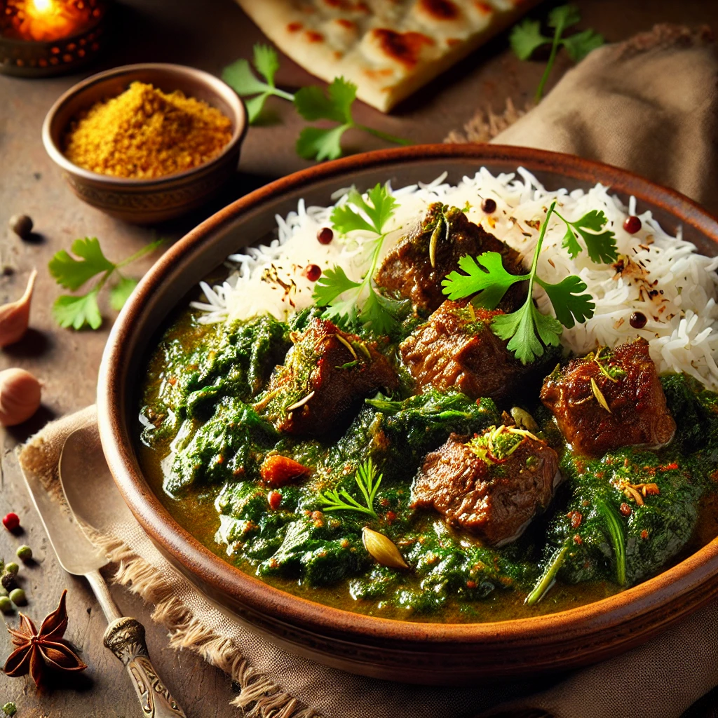 A beautifully plated dish of Lamb or Beef with Spinach, featuring tender, slow-cooked meat in a rich, spiced spinach-based curry. The dish has a deep green and brown hue, with aromatic Indian spices such as cumin, coriander, and garam masala enhancing its flavors. Garnished with fresh coriander and a drizzle of ghee, it is served in a rustic ceramic bowl. Accompanied by fragrant basmati rice and warm naan, the bowl rests on a wooden table with soft, warm lighting enhancing the inviting and flavorful presentation.