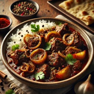 A beautifully plated dish of Lamb with Whole Spices and Onions, featuring tender, slow-cooked lamb pieces infused with aromatic whole spices like cardamom, cinnamon, and cloves. The dish has a rich, deep brown color with caramelized onions adding sweetness and depth. Garnished with fresh coriander, it is served in a rustic ceramic bowl. Accompanied by a side of fragrant basmati rice and warm naan, the bowl rests on a wooden table, with soft, warm lighting enhancing the inviting and flavorful presentation.