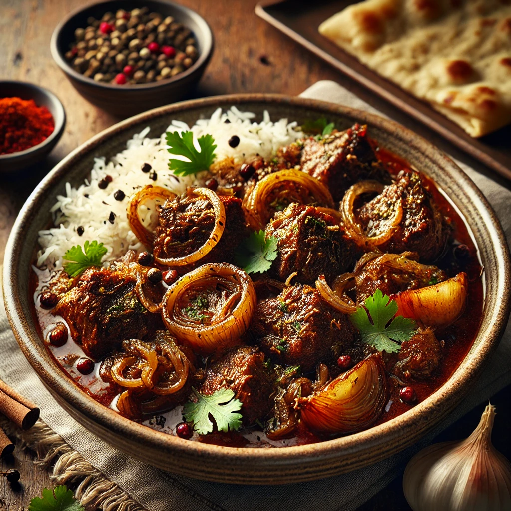 A beautifully plated dish of Lamb with Whole Spices and Onions, featuring tender, slow-cooked lamb pieces infused with aromatic whole spices like cardamom, cinnamon, and cloves. The dish has a rich, deep brown color with caramelized onions adding sweetness and depth. Garnished with fresh coriander, it is served in a rustic ceramic bowl. Accompanied by a side of fragrant basmati rice and warm naan, the bowl rests on a wooden table, with soft, warm lighting enhancing the inviting and flavorful presentation.