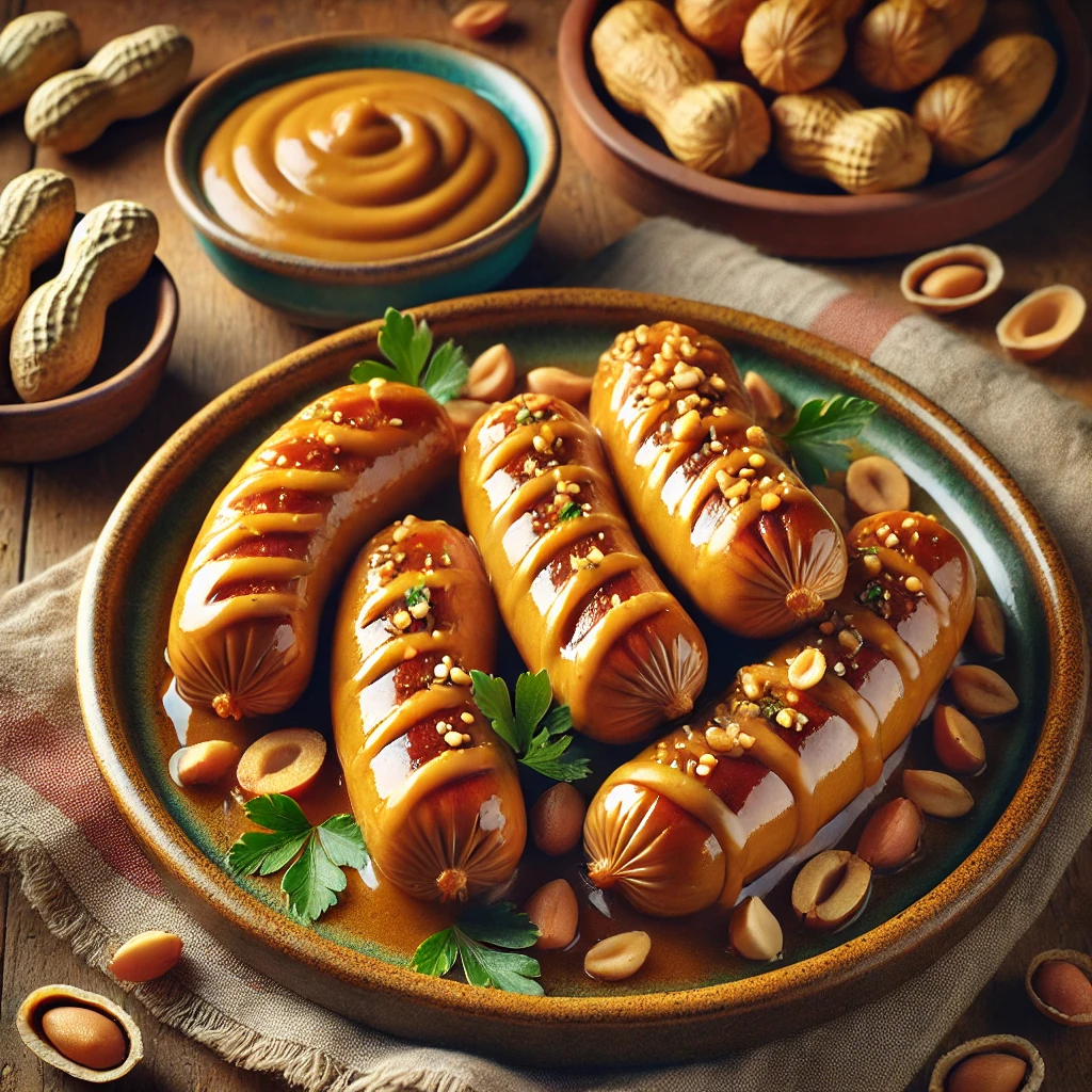 A rustic plate featuring golden-brown Peanut Seitan Fauxsages glazed with peanut sauce, garnished with chopped peanuts and parsley, served with a bowl of peanut sauce on a wooden table.