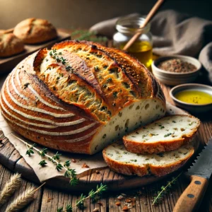 A freshly baked Lavroche on a rustic wooden table, featuring a golden, crisp crust with a rustic, artisan appearance. The loaf is infused with aromatic herbs and has a slight nutty flavor, shaped in a unique, traditional form. A few slices are cut to reveal the soft, airy interior. The bread rests on a wooden cutting board, with scattered herbs, a serrated bread knife, and a small dish of olive oil nearby. Soft natural lighting enhances the warm, inviting tones.