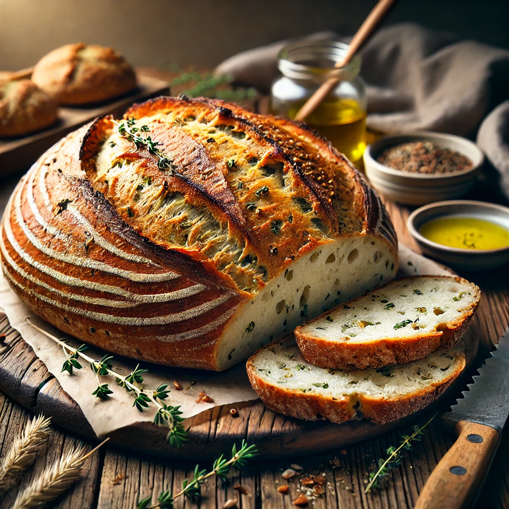 A freshly baked Lavroche on a rustic wooden table, featuring a golden, crisp crust with a rustic, artisan appearance. The loaf is infused with aromatic herbs and has a slight nutty flavor, shaped in a unique, traditional form. A few slices are cut to reveal the soft, airy interior. The bread rests on a wooden cutting board, with scattered herbs, a serrated bread knife, and a small dish of olive oil nearby. Soft natural lighting enhances the warm, inviting tones.