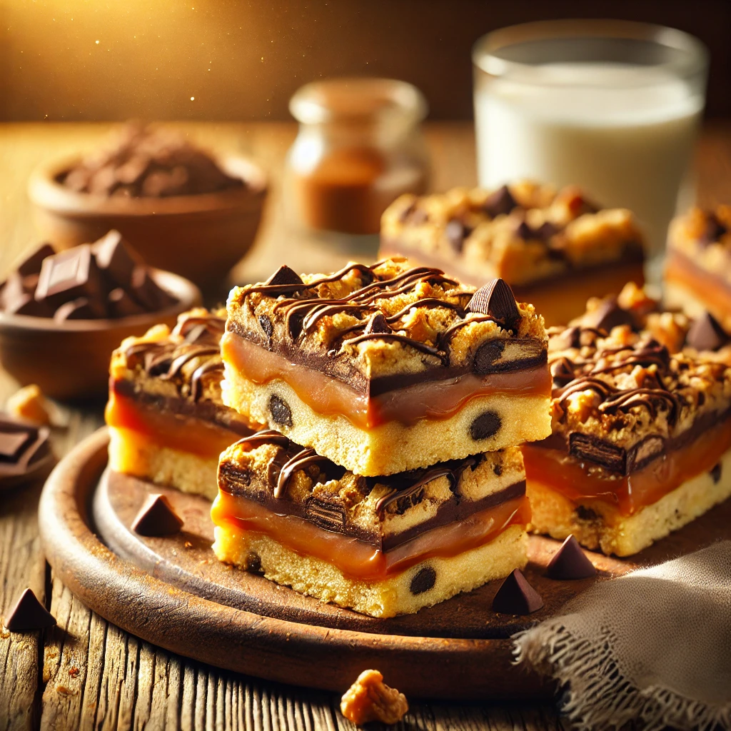 Layered Cookie Bars on a rustic wooden platter, featuring multiple layers of buttery cookie crust, rich chocolate chips, creamy caramel, and crunchy nuts. Lightly drizzled with melted chocolate, set on a wooden table with a glass of milk and a bowl of extra chocolate chips and nuts in the softly blurred background.