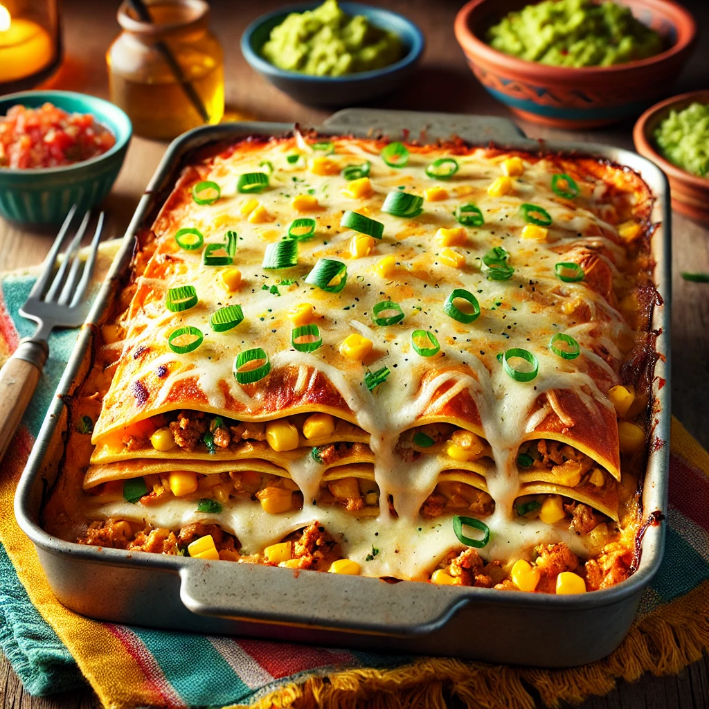 A rustic baking dish of enchilada bake with layers of corn tortillas, ground pork, corn, and melted Colby cheese, garnished with chopped scallions. The dish is golden and bubbly, placed on a cozy dining table with colorful textiles and small bowls of fresh salsa and guacamole, creating a warm and inviting presentation.