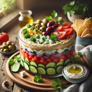 A rustic presentation of layered Greek dip, elegantly arranged on a wooden table. The dip is served in a clear dish, showcasing colorful layers of hummus, tzatziki, diced cucumbers, tomatoes, Kalamata olives, and crumbled feta cheese. Fresh parsley and a drizzle of olive oil garnish the top. Surrounding the dish are warm pita chips and fresh vegetable slices for dipping. Soft natural lighting enhances the fresh and inviting feel, with gentle shadows and a hint of rustic kitchen elements in the background.