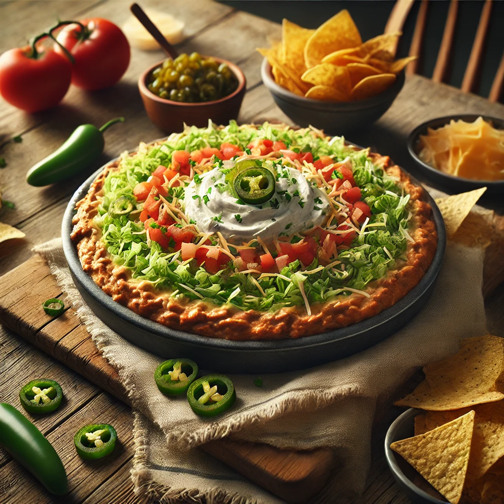 A large rustic platter of The Dip Olé layered with mashed pinto beans, a creamy sour cream and cream cheese mixture with minced jalapeños, and topped with shredded iceberg lettuce, chopped tomatoes, and shredded cheddar cheese. Surrounding the platter are crispy tortilla chips, a small bowl of jalapeños, a whole tomato, and a block of cheddar cheese, all arranged on a wooden table.