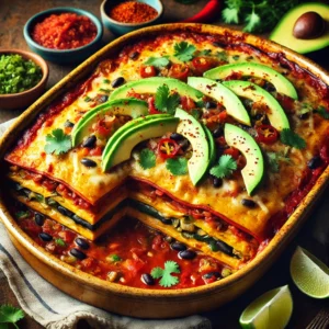A rustic baking dish with Layered Vegan Enchilada Bake, featuring golden-baked layers of corn tortillas, black beans, vegetables, and enchilada sauce, topped with avocado slices, cilantro, and red chili flakes, served with salsa and lime wedges.