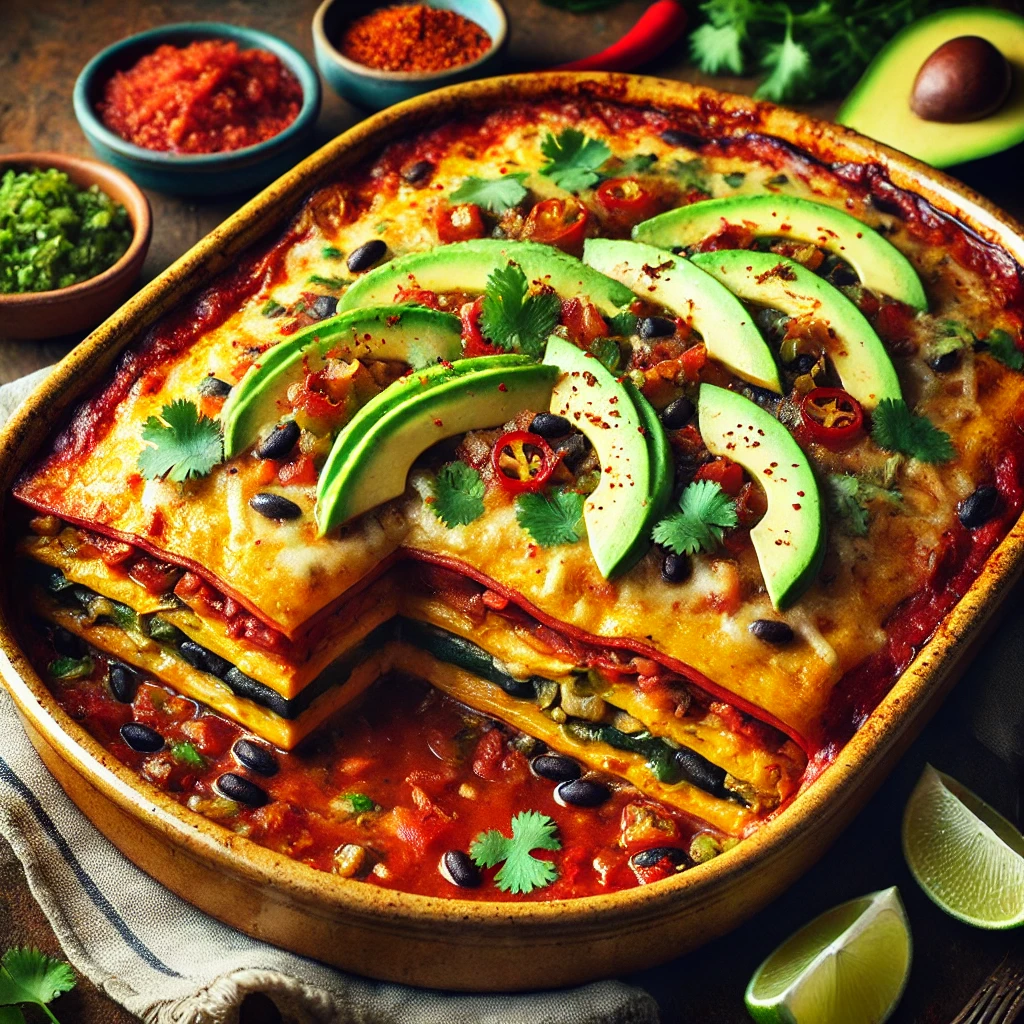 A rustic baking dish with Layered Vegan Enchilada Bake, featuring golden-baked layers of corn tortillas, black beans, vegetables, and enchilada sauce, topped with avocado slices, cilantro, and red chili flakes, served with salsa and lime wedges.