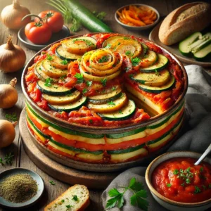 A rustic ceramic casserole dish of layered vegetable dinner sits on a wooden table. The dish features colorful layers of sliced potatoes, onions, carrots, green peppers, and zucchini, all coated in a rich tomato-based sauce spiced with thyme, basil, and chili powder. Garnished with fresh parsley, the casserole is accompanied by a side of crusty bread. Scattered around are fresh vegetables, parsley flakes, and a small bowl of tomato sauce. Soft natural light highlights the vibrant colors and hearty textures, creating a cozy and comforting presentation.