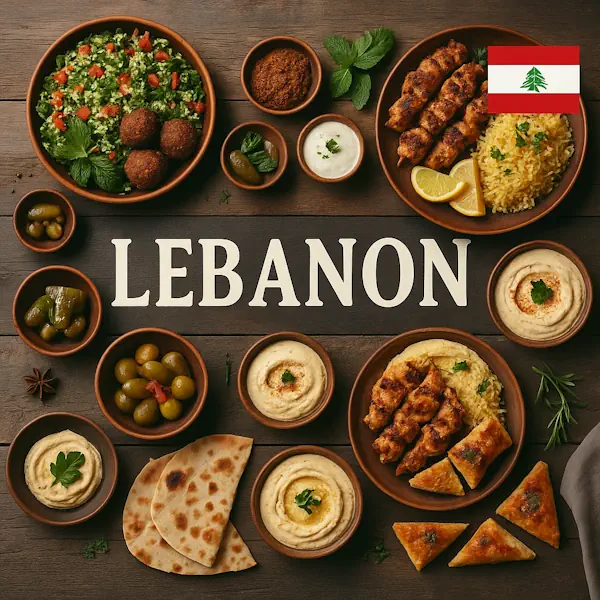 Top-down view of a rustic wooden table featuring a variety of traditional Lebanese dishes arranged around a central sign labeled LEBANON, with the Lebanese flag in the top right corner. Includes tabbouleh, falafel, grilled chicken skewers, hummus, baba ghanoush, pita bread, olives, pickles, and fatayer, all served in wooden and ceramic bowls and plates.