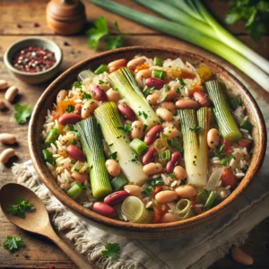A wholesome leek, bean, and rice medley in a rustic ceramic bowl on a wooden table, garnished with fresh parsley and drizzled with olive oil. A wooden spoon rests nearby, with scattered fresh herbs and uncooked beans adding a cozy, home-cooked feel. Soft natural lighting highlights the dish’s textures and colors.