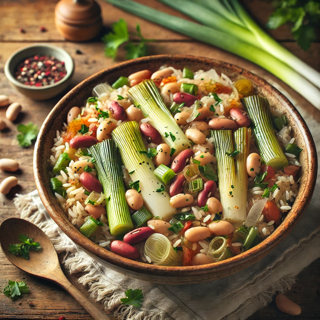 A wholesome leek, bean, and rice medley in a rustic ceramic bowl on a wooden table, garnished with fresh parsley and drizzled with olive oil. A wooden spoon rests nearby, with scattered fresh herbs and uncooked beans adding a cozy, home-cooked feel. Soft natural lighting highlights the dish’s textures and colors.