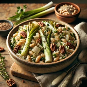 A rustic ceramic bowl of Leek, Bean, and Rice Medley, featuring sautéed leeks, white beans, and toasted pecans, garnished with parsley and thyme, served on a wooden table with a bowl of pecans and a spoon nearby.