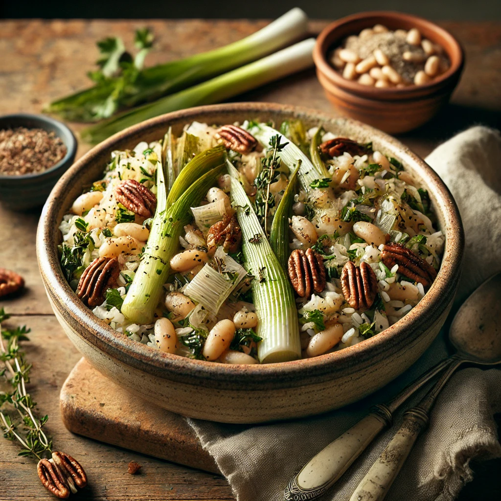 A rustic ceramic bowl of Leek, Bean, and Rice Medley, featuring sautéed leeks, white beans, and toasted pecans, garnished with parsley and thyme, served on a wooden table with a bowl of pecans and a spoon nearby.