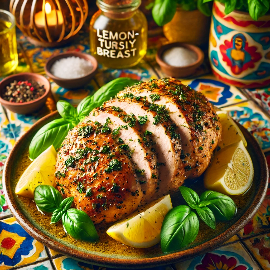 Lemon-basil turkey breast with lemon zest and basil garnish, served in a vibrant Mexican-style setting.