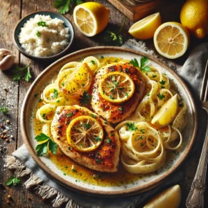 A beautifully plated Lemon Butter Chicken Piccata with golden-brown, pan-seared chicken breasts drizzled with a glossy, tangy lemon-butter sauce, garnished with fresh lemon slices and parsley, served on a rustic wooden table.