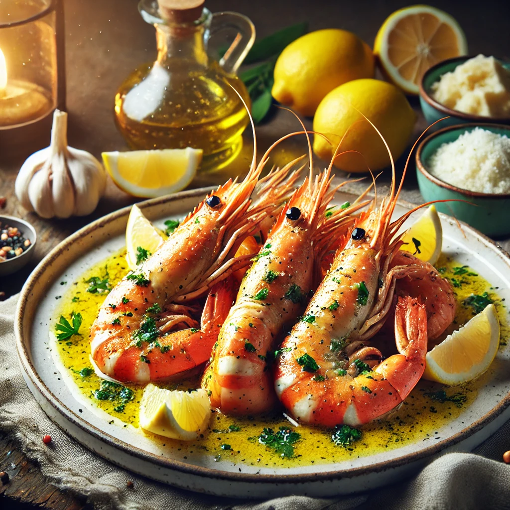 King Prawns with Lemon Butter Sauce, featuring golden, tender prawns drizzled with a zesty butter sauce, garnished with fresh herbs and lemon wedges, presented in a rustic Mediterranean-inspired setting.