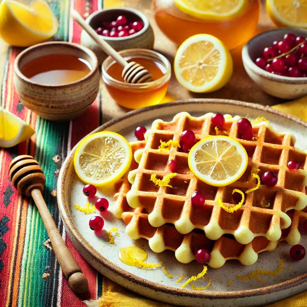 A bright and cheerful breakfast scene featuring Lemon Currant Cornmeal Waffles on a rustic plate. The golden brown waffles are topped with fresh lemon zest, currants, and a drizzle of honey. The setup includes a colorful Mexican-style tablecloth, a small bowl of honey, a sliced lemon, and a cup of tea, illuminated by bright natural light to emphasize the fresh and inviting appeal.