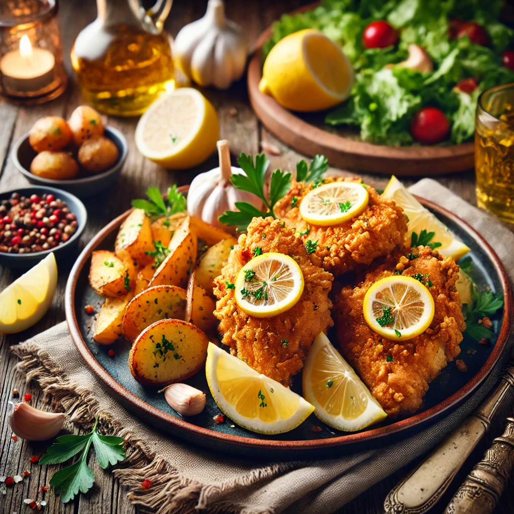 A beautifully plated dish of Lemon Garlic Fryer Chicken served on a rustic wooden table. The dish features golden, crispy fried chicken pieces infused with zesty lemon and garlic flavors. The chicken is garnished with fresh parsley and served with lemon wedges. Accompanied by a side of roasted potatoes and a fresh green salad. The warm wooden table and softly blurred background enhance the inviting and comforting presentation.