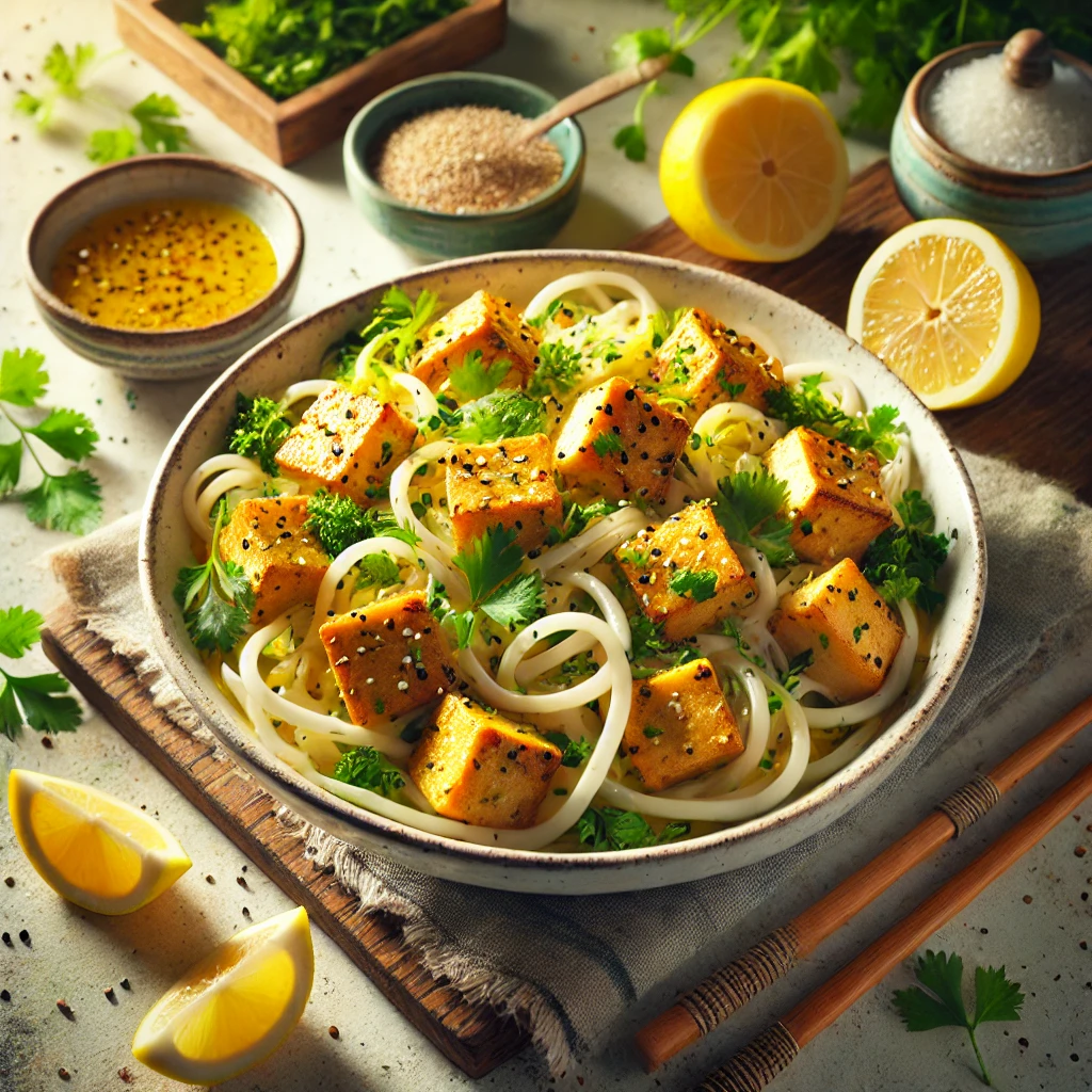 A bowl of Lemon Herb Coconut Tofu with Udon Noodles, featuring golden tofu in a creamy lemon-coconut sauce, garnished with fresh herbs, sesame seeds, and lemon wedges, served on a rustic wooden table.