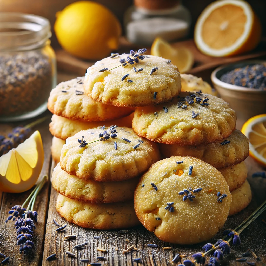 A batch of freshly baked Lemon Lavender Cookies with a light golden color and a delicate, slightly crisp texture. The cookies are infused with zesty lemon and fragrant lavender. Some are stacked, while others cool on a wire rack. They are arranged on a rustic wooden table, accompanied by fresh lemon slices, dried lavender flowers, and a dusting of powdered sugar. Warm, natural lighting enhances the cozy, homemade feel.