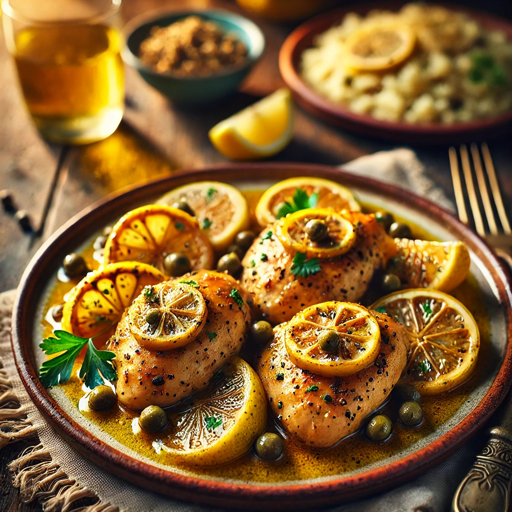 Lemon Olive Chicken on a rustic ceramic plate, featuring golden-seared chicken thighs in a lemon and olive sauce with garlic, capers, and Mediterranean herbs. Garnished with lemon slices and parsley, set on a wooden table with couscous and a glass of white wine in the softly blurred background.