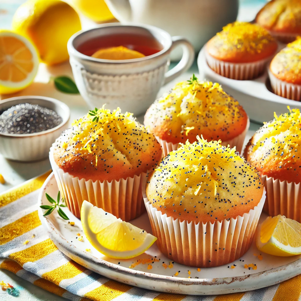 A vibrant and inviting presentation of Lemon Poppy Seed Muffins served on a white ceramic plate. The muffins are golden brown with a light glaze, sprinkled with lemon zest and poppy seeds. The setup includes a small bowl of lemon slices, a cup of tea, and a cheerful tablecloth, illuminated by bright natural light to highlight their fresh and zesty appeal, perfect for a sunny breakfast or afternoon treat.