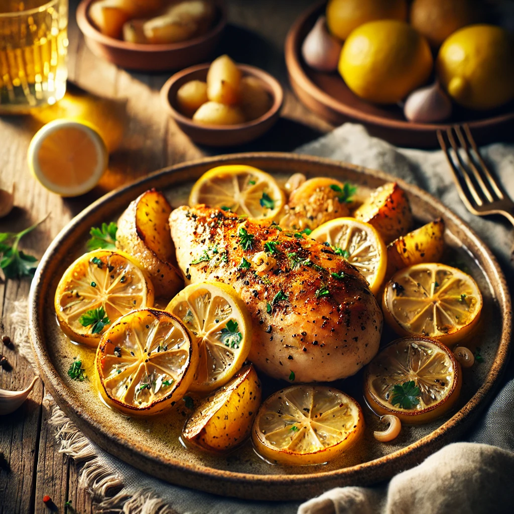 Lemon Roasted Chicken Breasts on a rustic ceramic plate, featuring golden-brown oven-roasted chicken infused with lemon, garlic, and herbs. Garnished with lemon slices and parsley, set on a wooden table with roasted potatoes and a glass of white wine in the softly blurred background.
