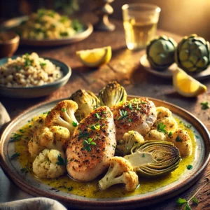 Lemon Tarragon Chicken with Cauliflower and Artichokes on a rustic ceramic plate, featuring golden-seared chicken in a lemon-tarragon sauce, accompanied by roasted cauliflower and marinated artichokes. Garnished with parsley and lemon zest, set on a wooden table with wild rice and a glass of white wine in the softly blurred background.