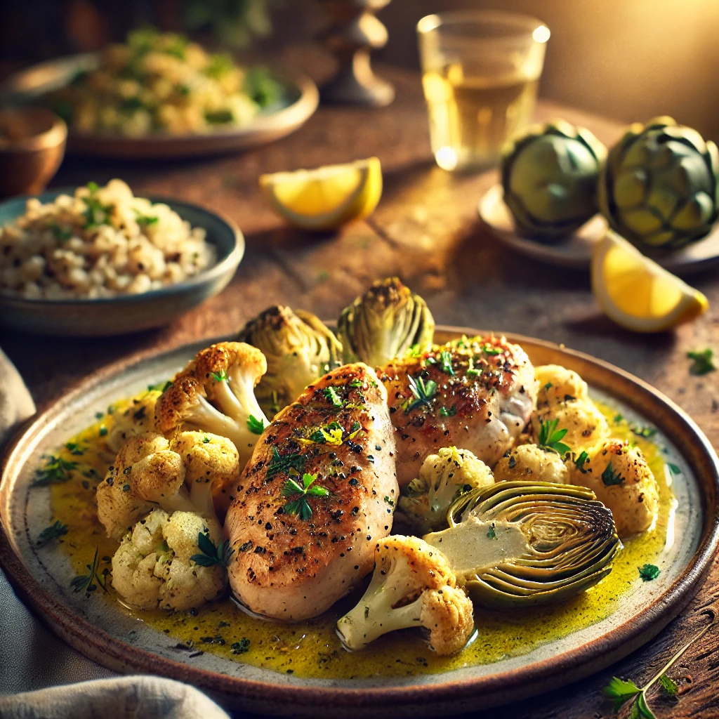 Lemon Tarragon Chicken with Cauliflower and Artichokes on a rustic ceramic plate, featuring golden-seared chicken in a lemon-tarragon sauce, accompanied by roasted cauliflower and marinated artichokes. Garnished with parsley and lemon zest, set on a wooden table with wild rice and a glass of white wine in the softly blurred background.